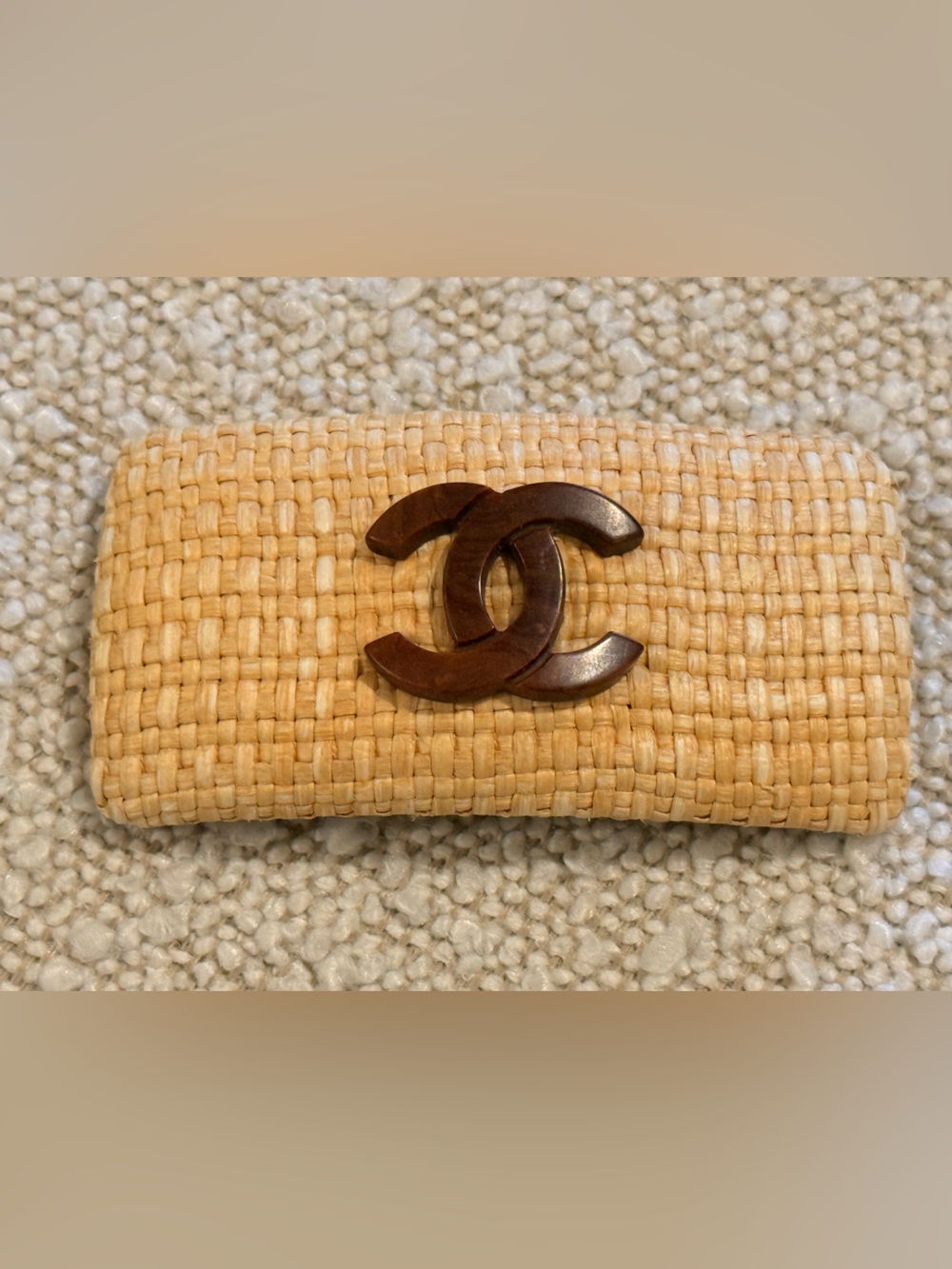 CHANEL Raffia Barrette with wooden CC logo - rare